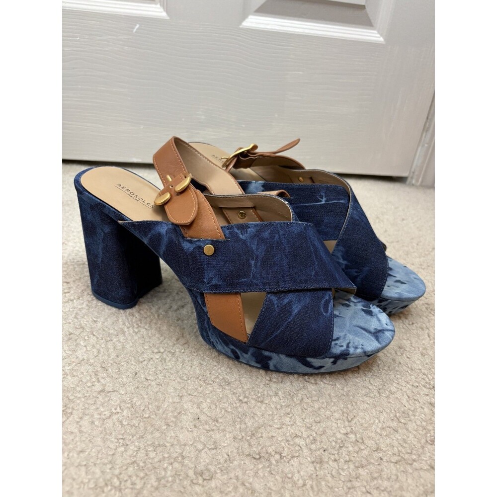 Aerosoles Heel Polina Womens Size 12 Blue / Brown Square Heel Open Toe Shoes